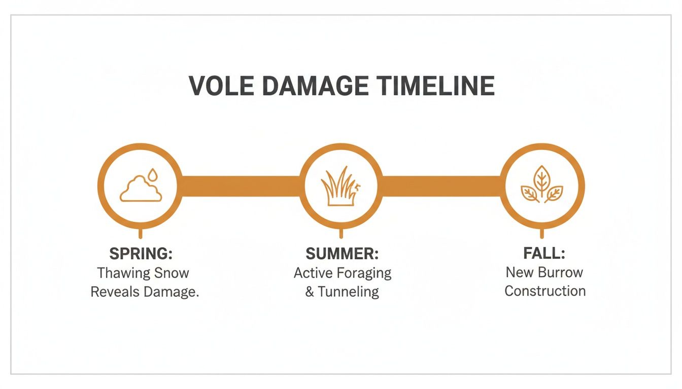 A timeline illustrating vole damage activity throughout spring, summer, and fall seasons with descriptions.