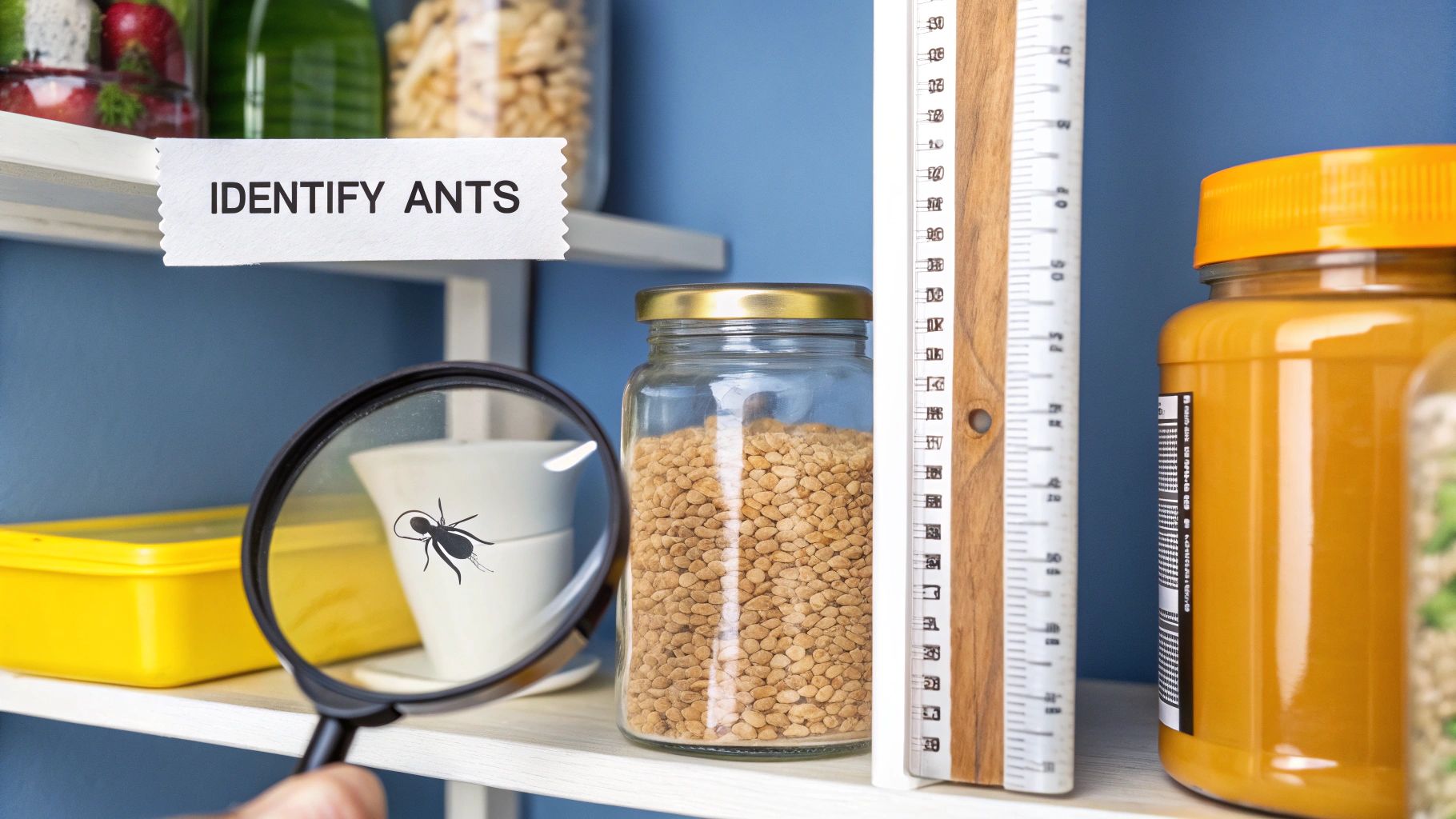 A magnifying glass held over an ant illustration helps identify pests on a pantry shelf with food.
