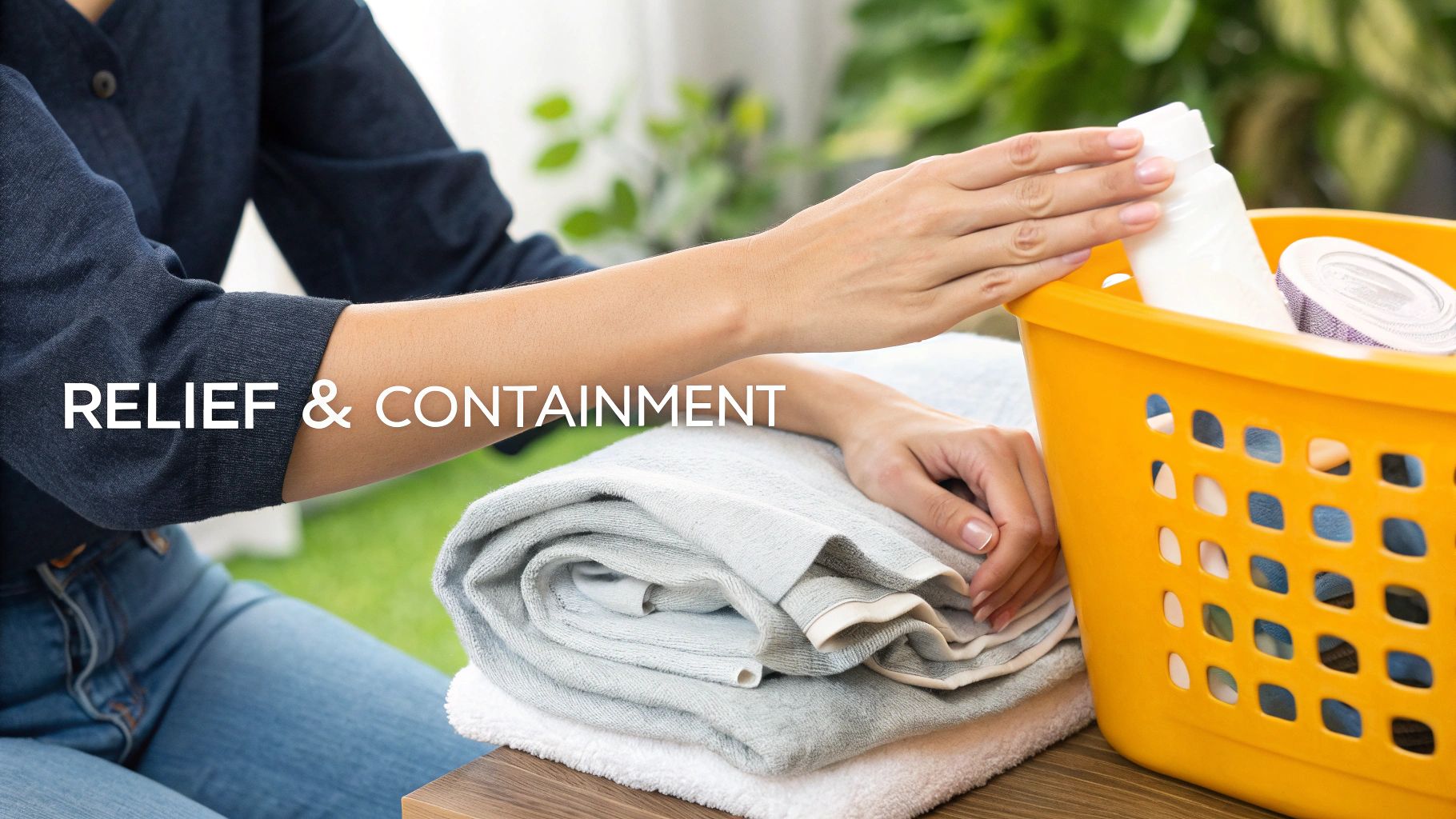 Hands folding fresh laundry, a stack of clean towels, and an orange basket with items.