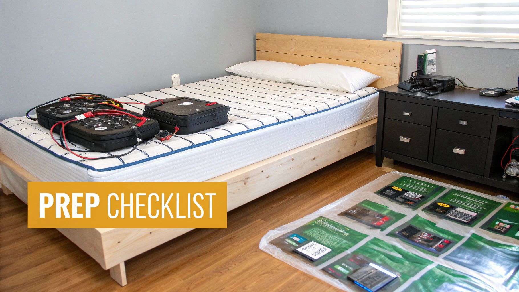 A bedroom showing a bed with two black heat treatment units and sealed items on the floor for bed bug prep.