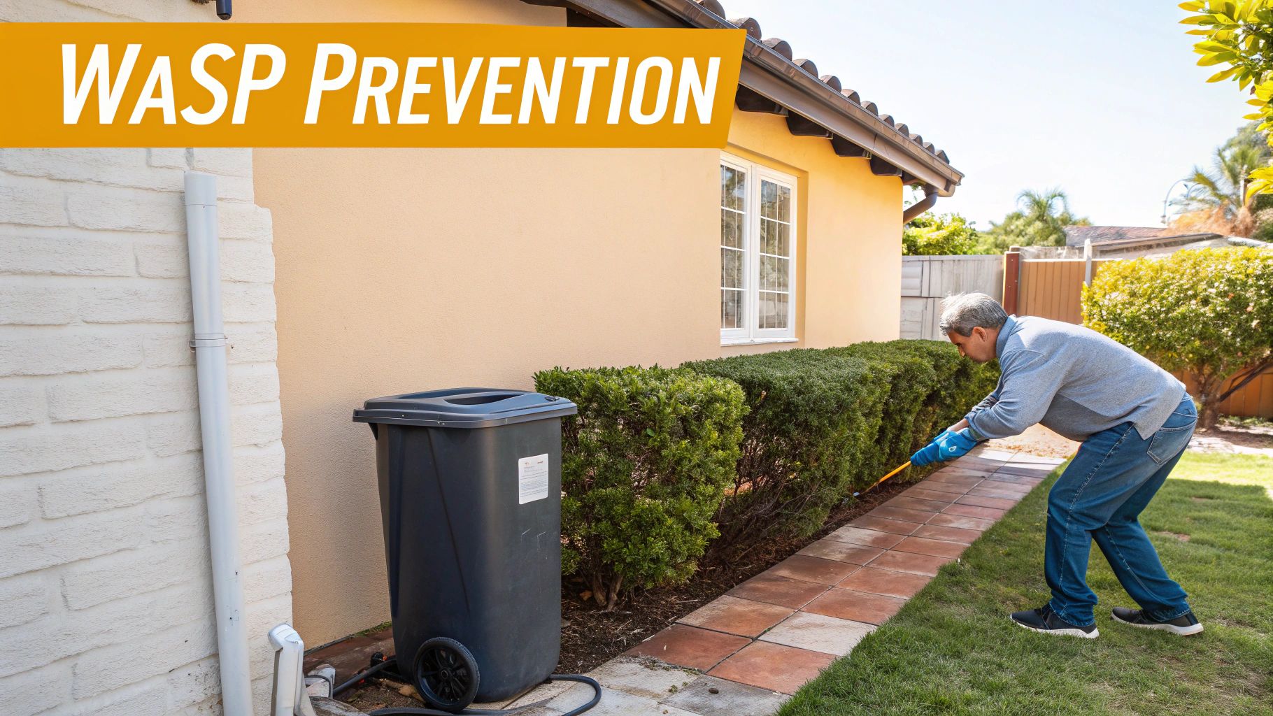 A man in blue gloves sprays bushes along a house wall for wasp prevention, with a trash can nearby.