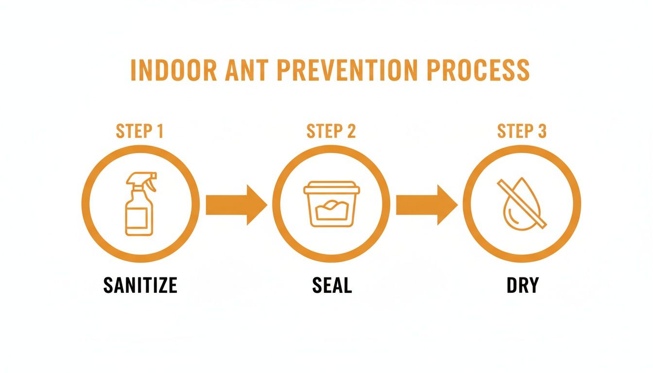 A graphic illustrating a three-step indoor ant prevention process: Sanitize, Seal, and Dry.