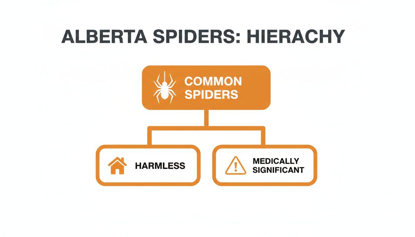 A visual hierarchy diagram categorizing Alberta spiders into common types, then further classifying them as harmless or medically significant.