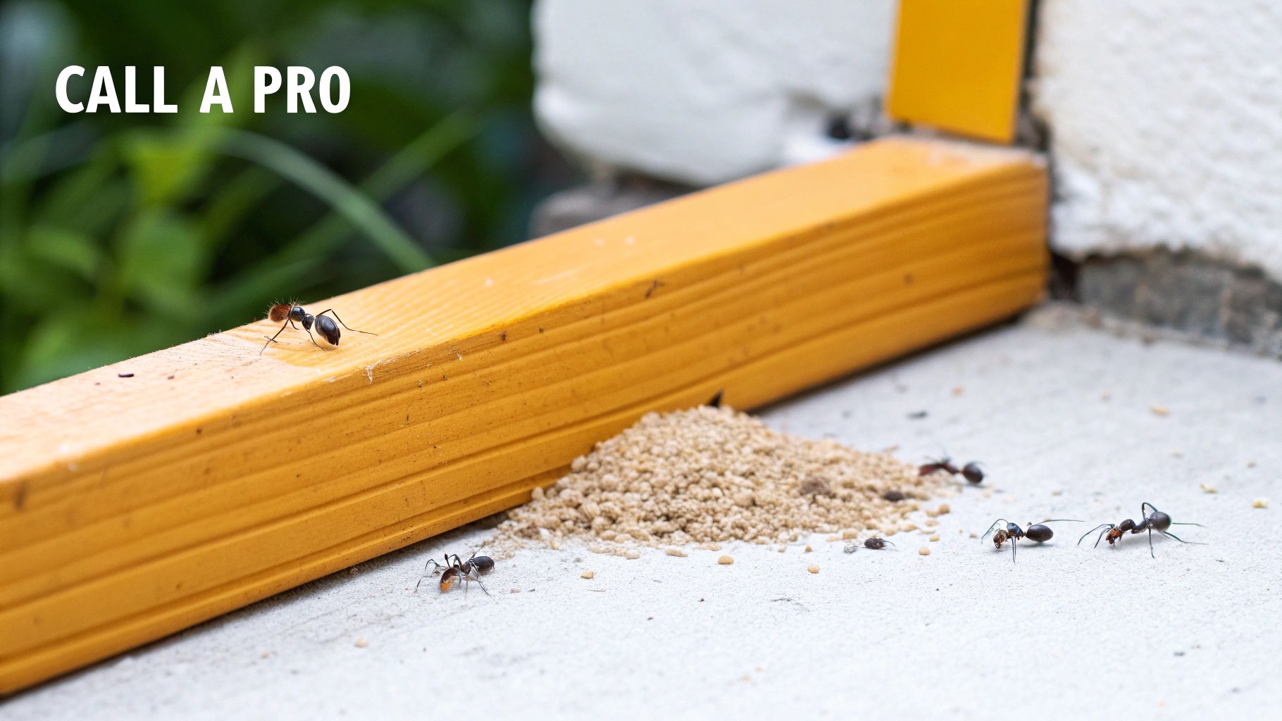Carpenter ants are infesting a wooden frame, creating a pile of sawdust, with text 'CALL A PRO'.