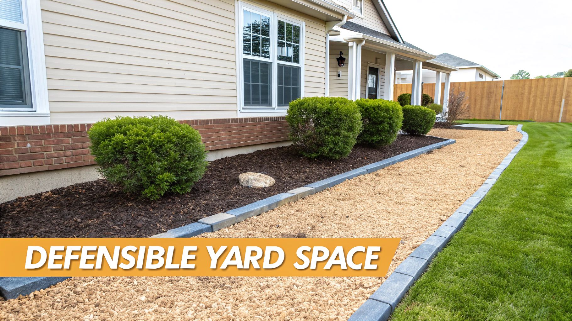 A defensible yard space featuring a house, mulch, green bushes, a gravel path, and a green lawn.