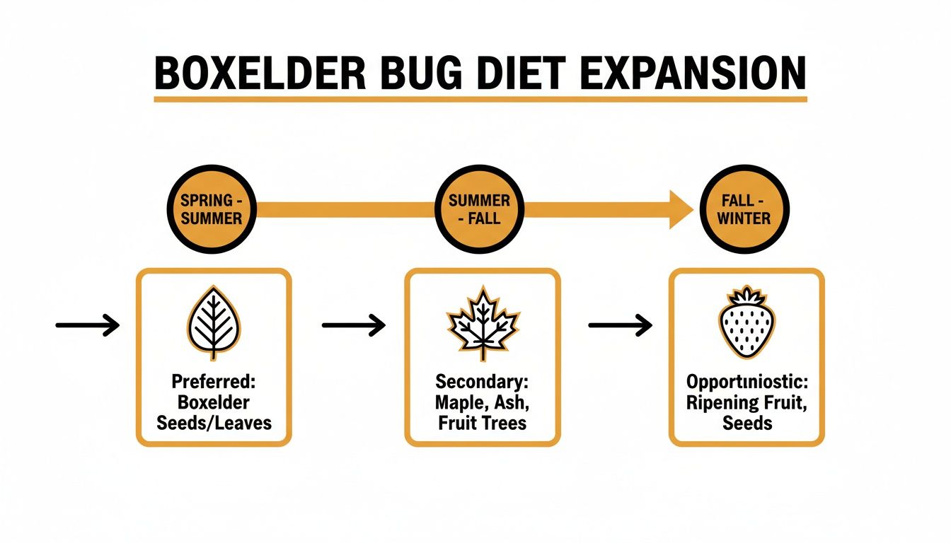 Flowchart illustrating the seasonal diet expansion of boxelder bugs, from boxelder seeds to various fruits.