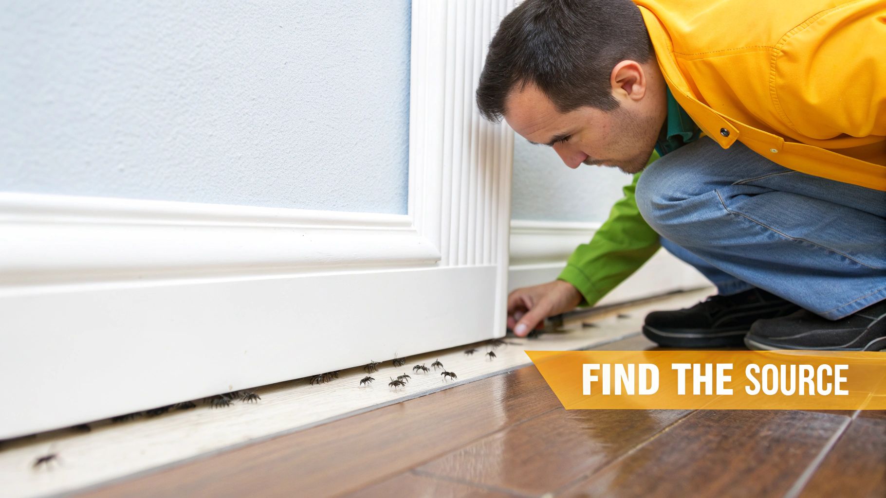 A man in a yellow jacket crouches, examining ants crawling near a white baseboard and a wooden floor.