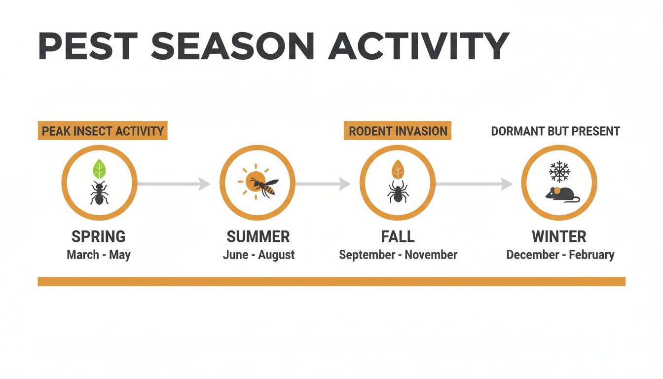 Infographic illustrating pest season activity throughout the year, from peak insect activity in spring to dormant rodents in winter.