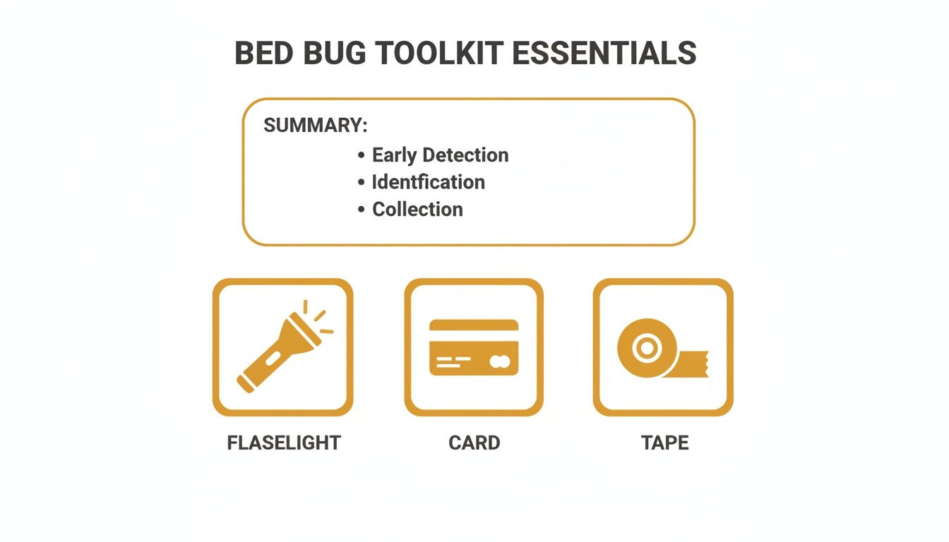A bed bug toolkit showing essentials for detection: flashlight, card, and tape.