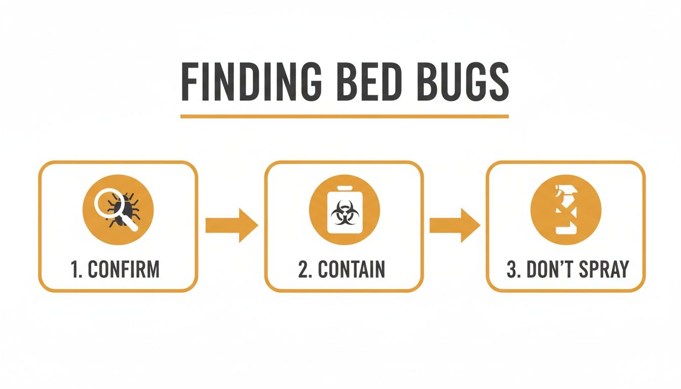 Infographic showing a three-step process for finding bed bugs: confirm, contain, and don't spray.