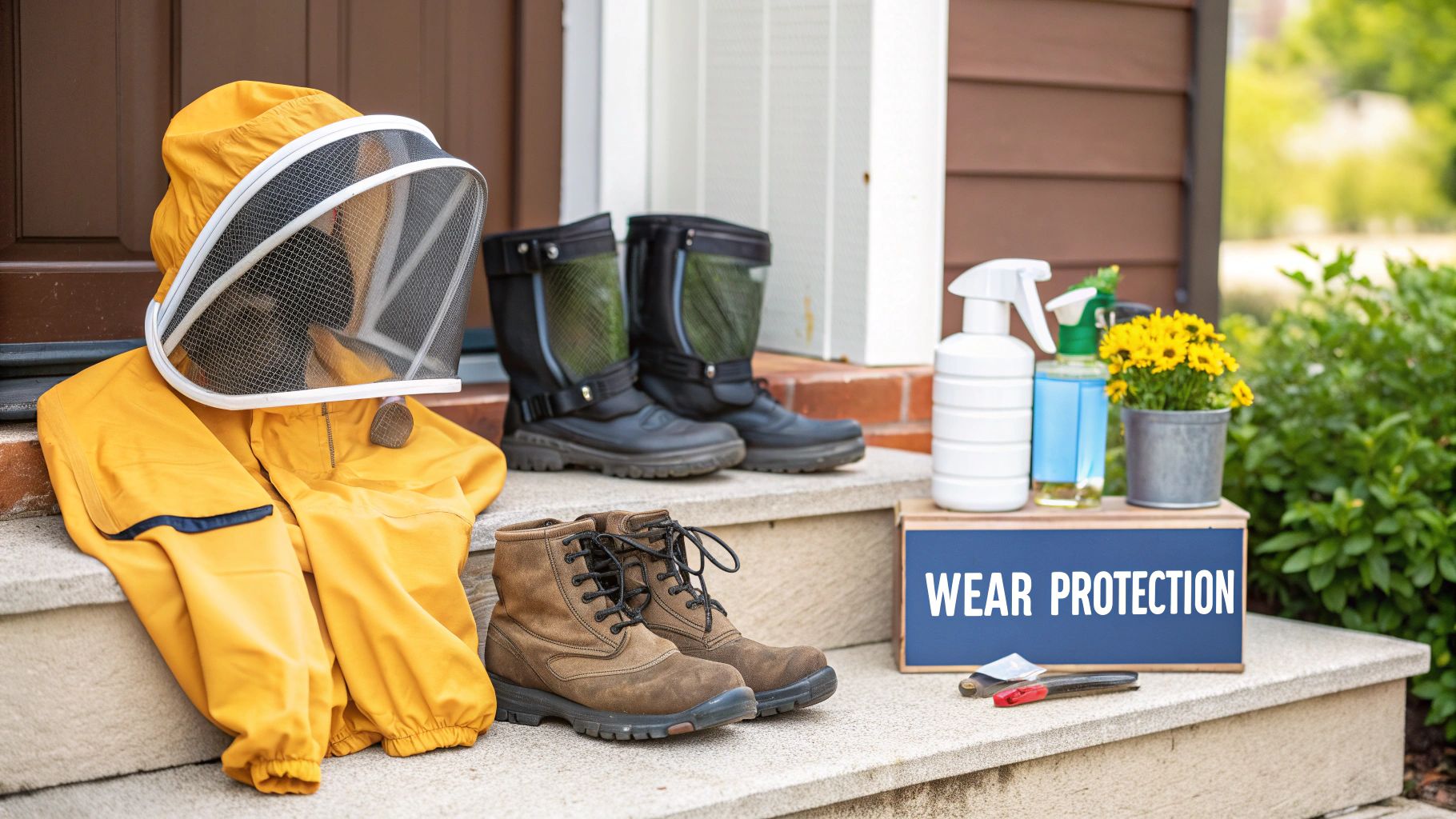 A yellow beekeeper suit, work boots, spray bottles, and a "WEAR PROTECTION" sign on outdoor steps.