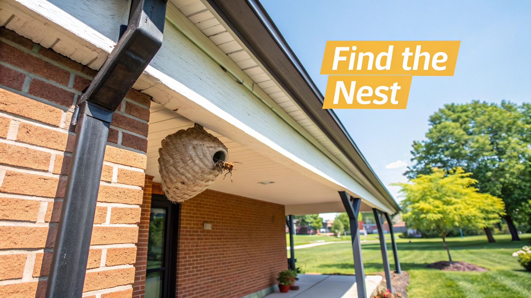 A large hornet's nest hangs from the eaves of a brick building, with a wasp flying out.