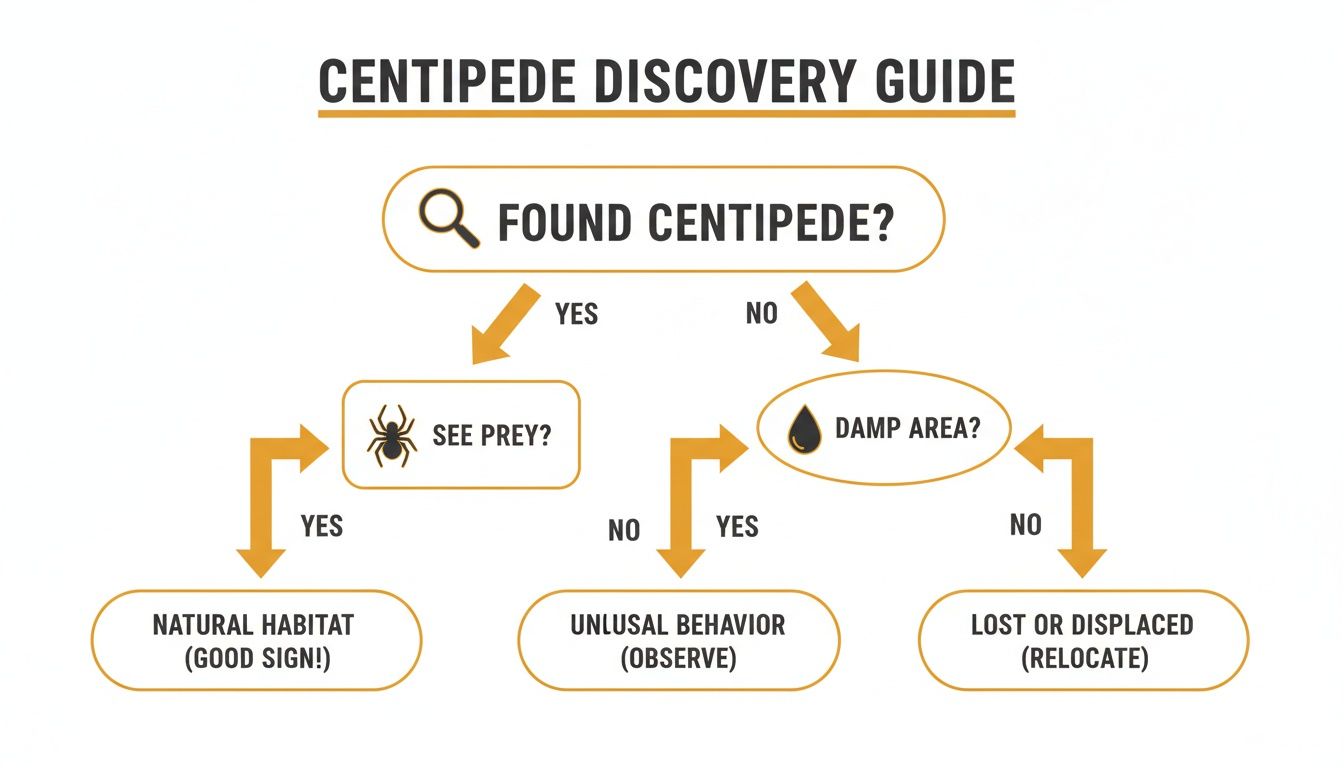 A Centipede Discovery Guide flowchart for identifying centipede behavior based on location, prey presence, and dampness.
