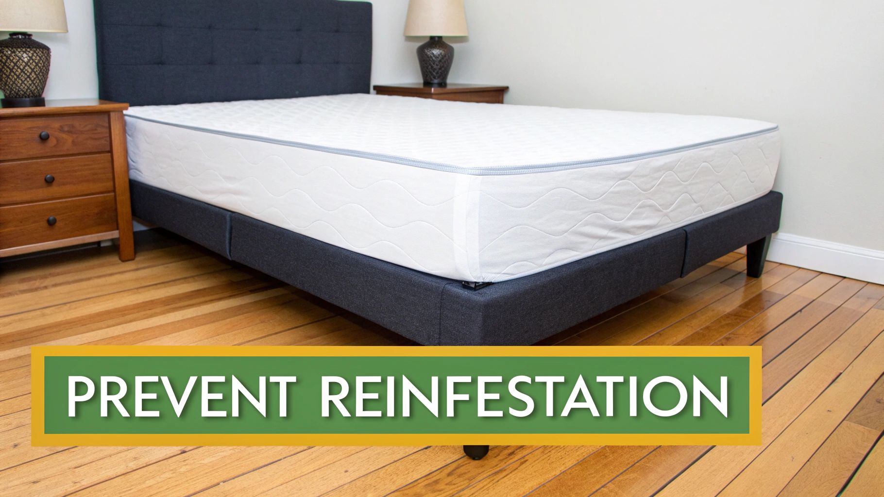 A clean bed with a mattress encasement on a dark grey frame, preventing reinfestation in a bedroom.