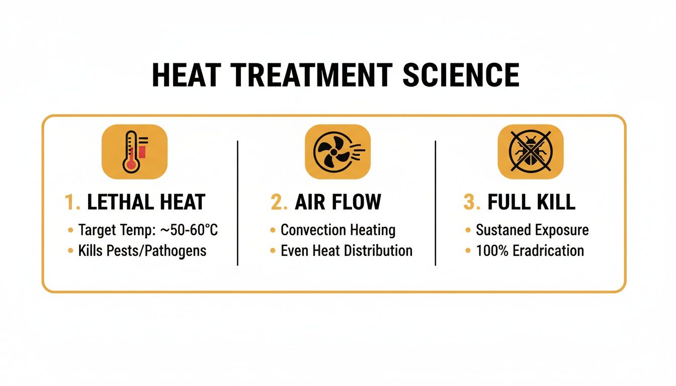 Heat treatment science explained with three steps: lethal heat, airflow, and full kill for pest control.