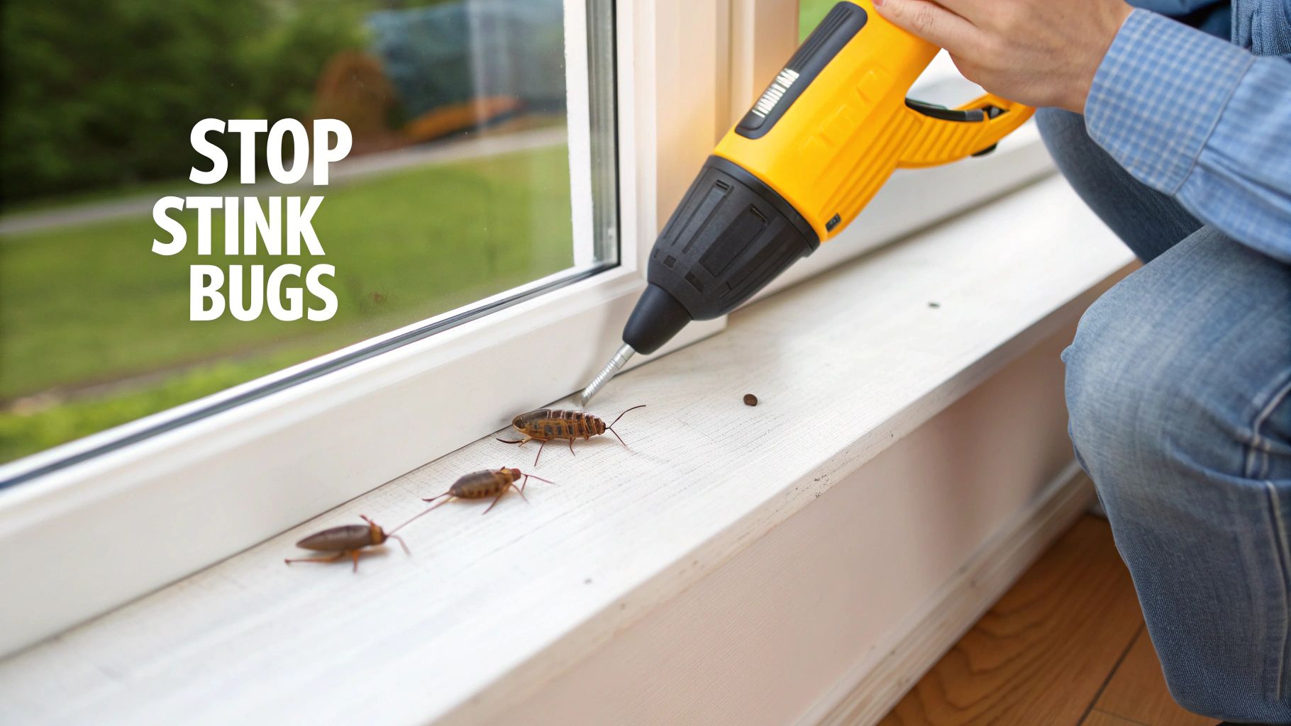 Person sealing a window sill with caulk gun to stop stink bugs from entering the home.