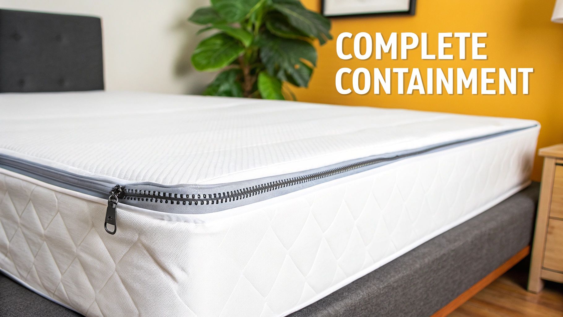 A white mattress protected by a zippered encasement, showing 'COMPLETE CONTAINMENT' text.