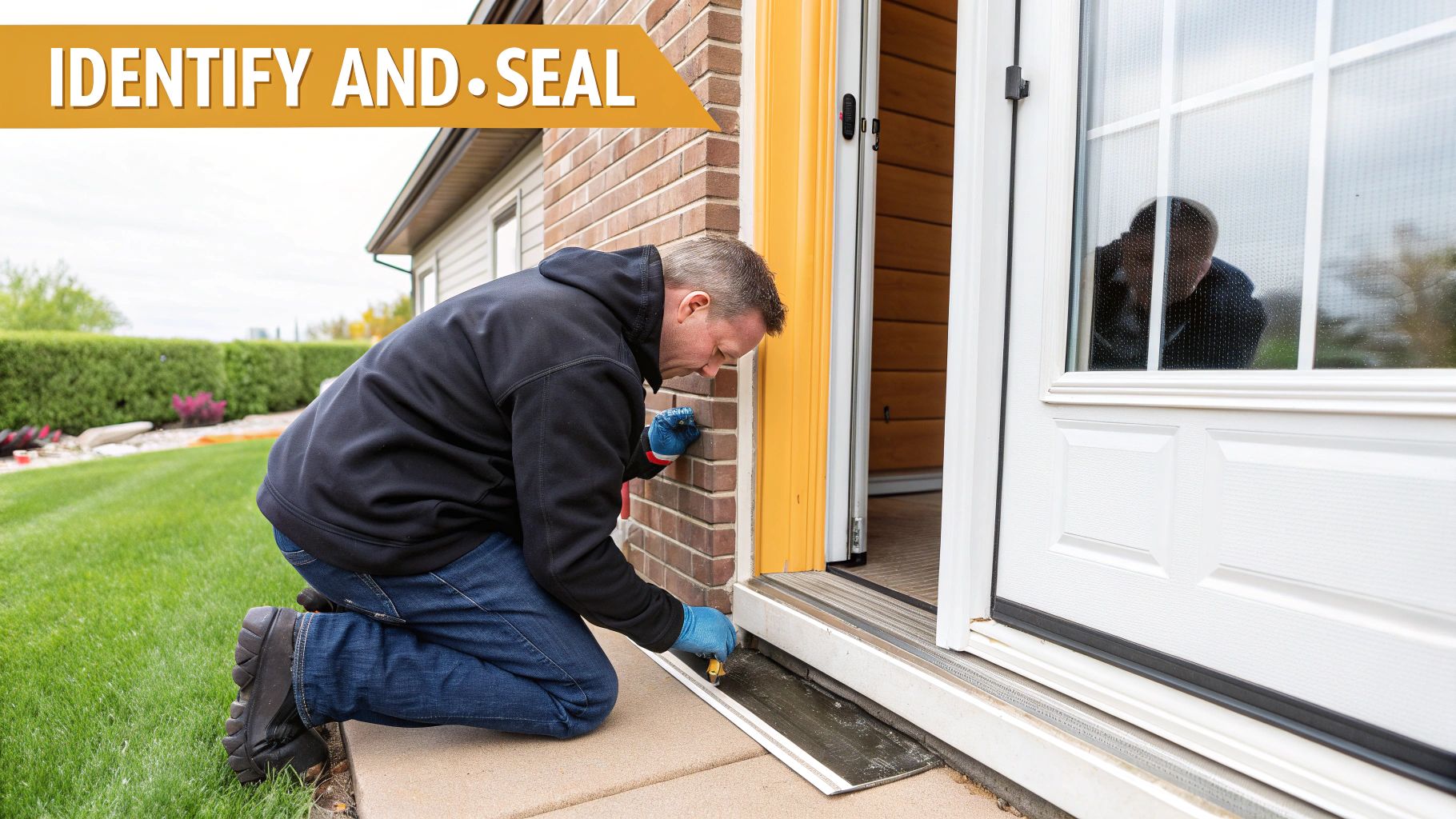 Man in blue gloves kneeling to seal the base of an exterior door frame with caulk.