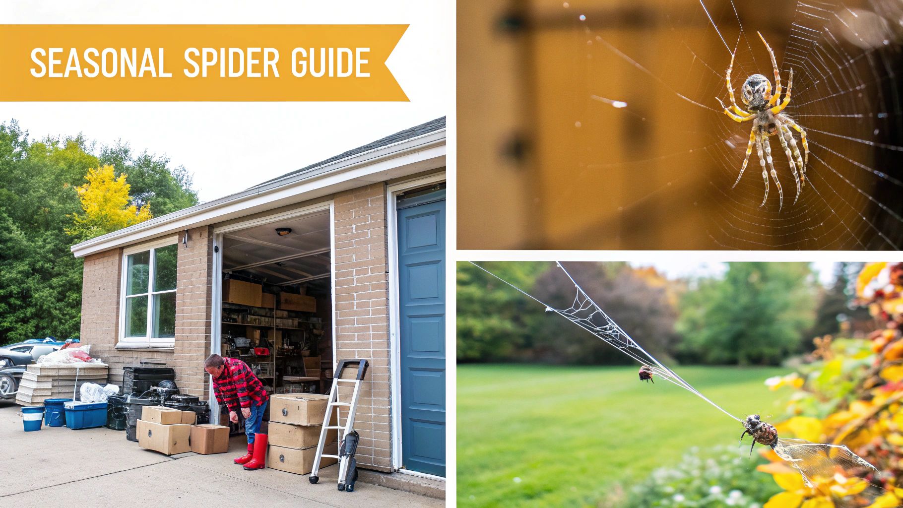 A seasonal spider guide image featuring spiders on webs and a person working outside a garage.