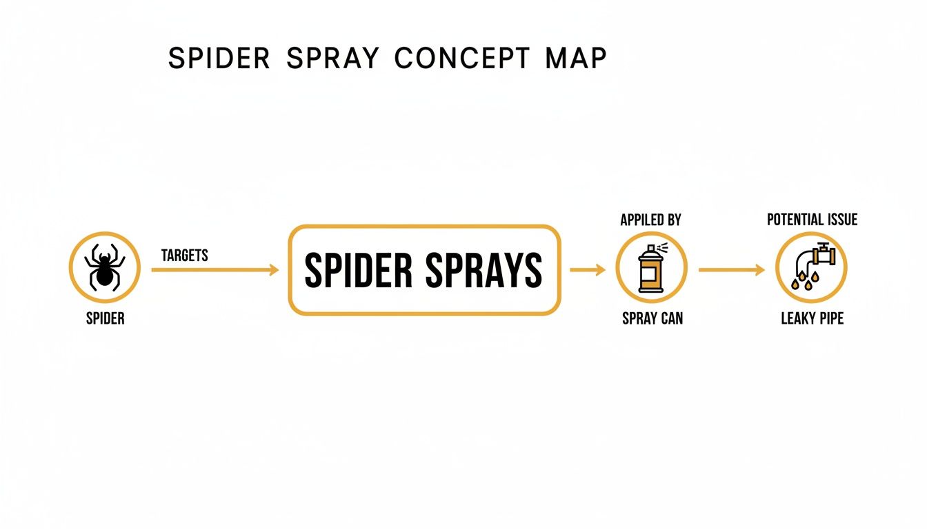 A concept map showing spider sprays targeting spiders, applied by a spray can, with a potential leaky pipe issue.