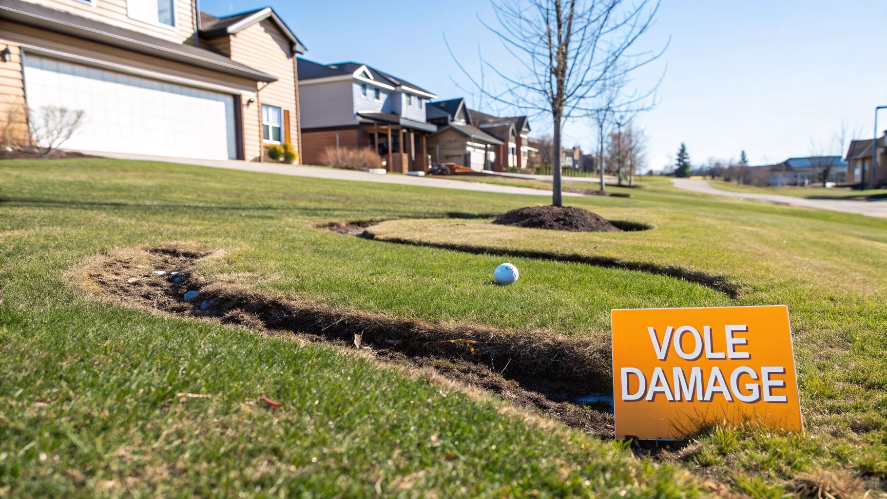 A suburban lawn showing extensive vole damage with tunnels and disturbed grass, marked by an orange sign reading 'VOLE DAMAGE'.