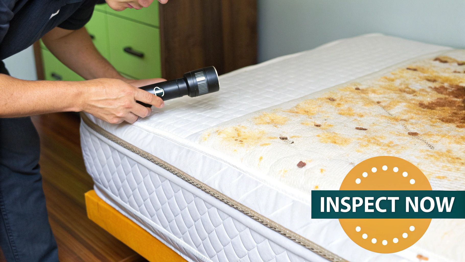 A person inspects a severely stained mattress with a flashlight, possibly for bed bugs.
