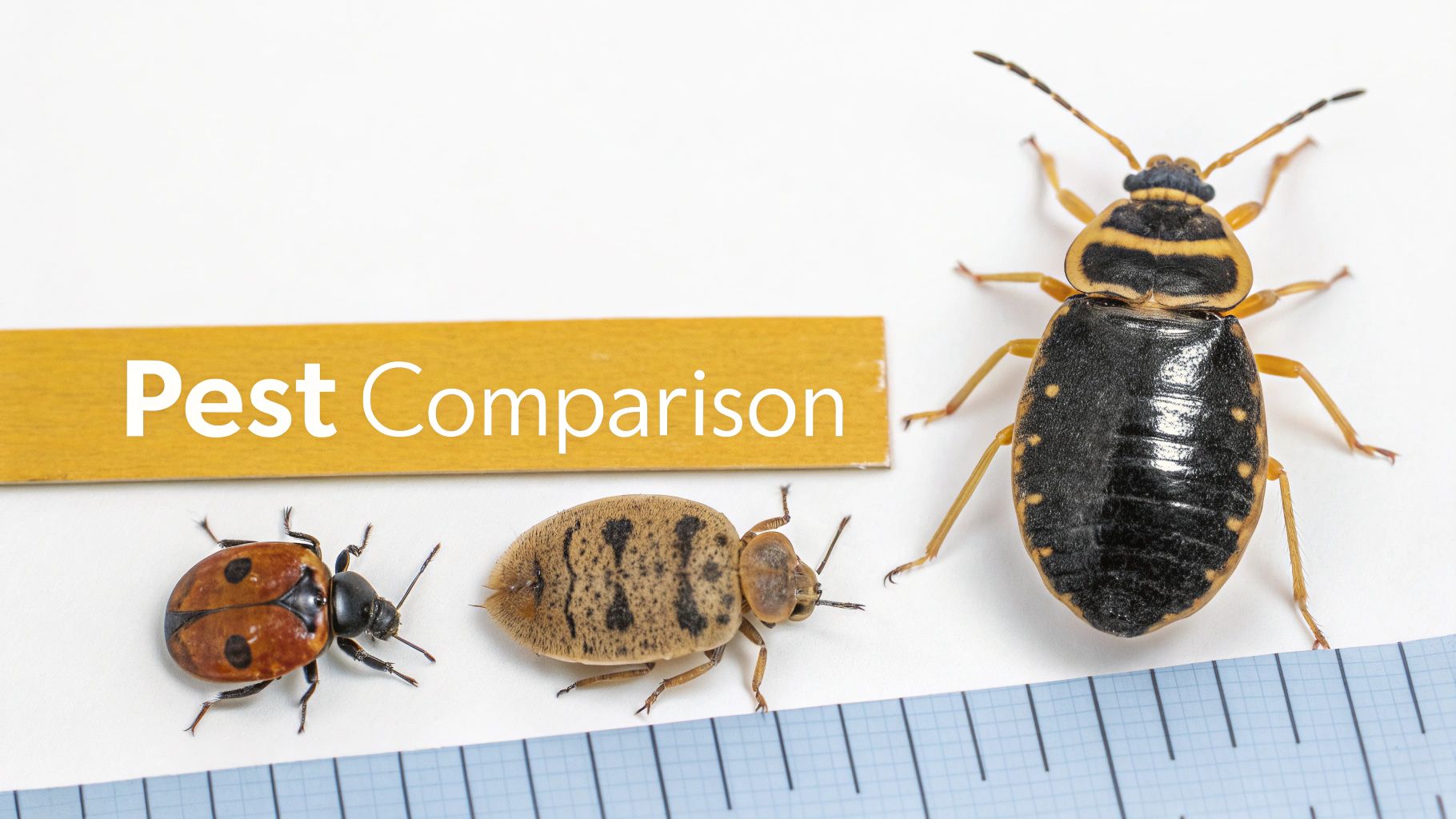 Three common pests: a ladybug, a bed bug, and a stink bug, displayed with a ruler for size comparison.