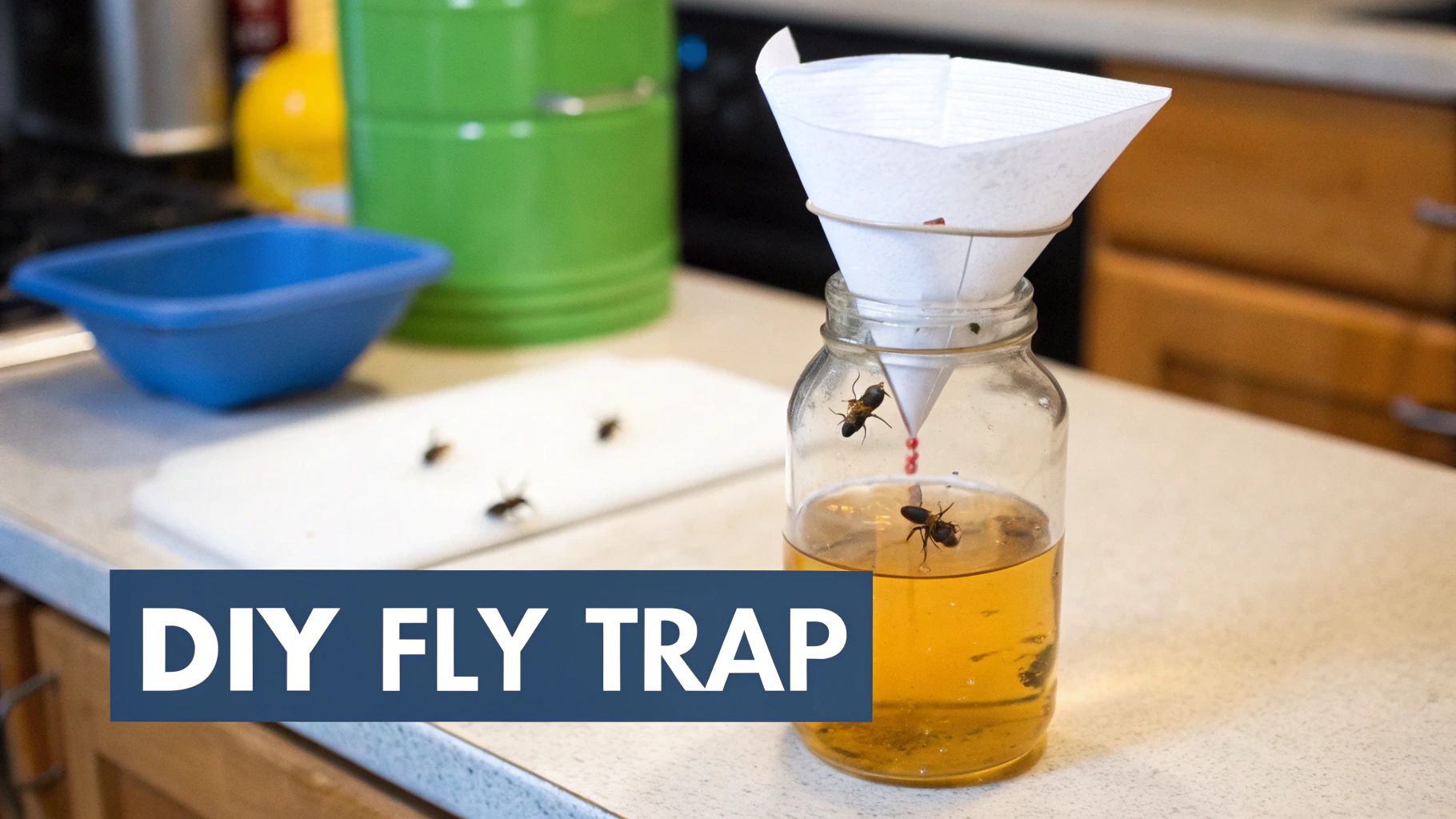 A DIY fruit fly trap with a paper funnel in a jar, containing liquid bait and trapped flies.