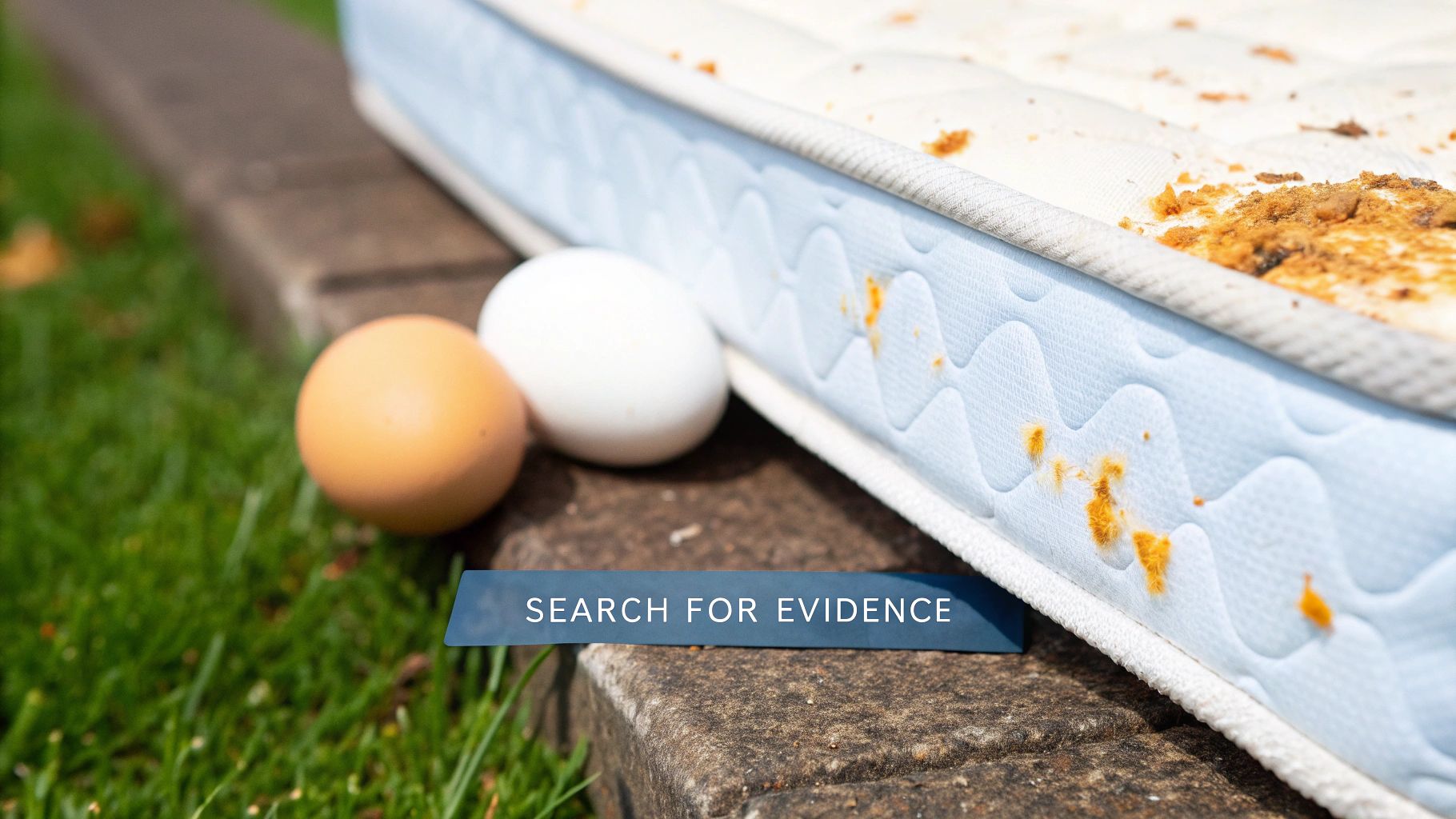 A dirty, stained mattress discarded outdoors with two eggs and a 'Search for Evidence' banner.