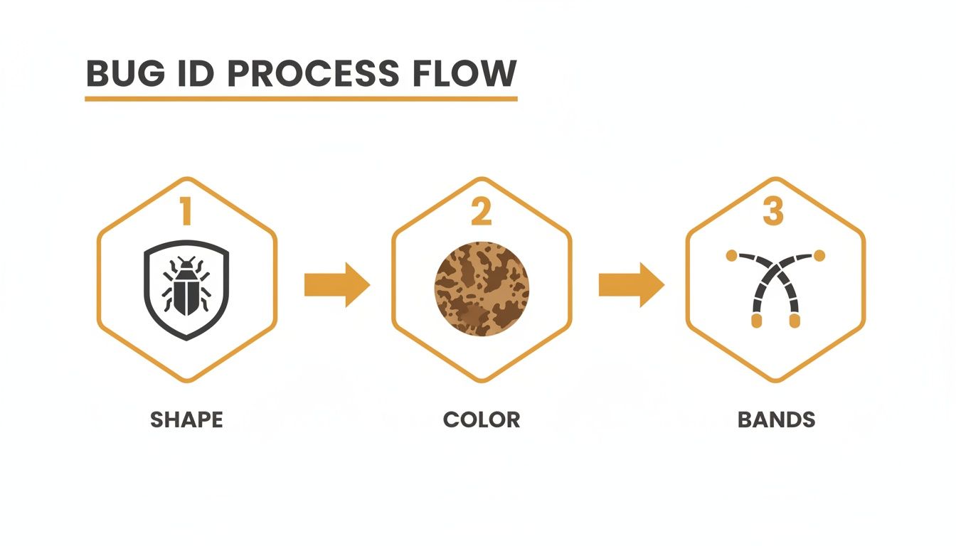 A flow chart illustrating the bug identification process with three steps: shape, color, and bands.
