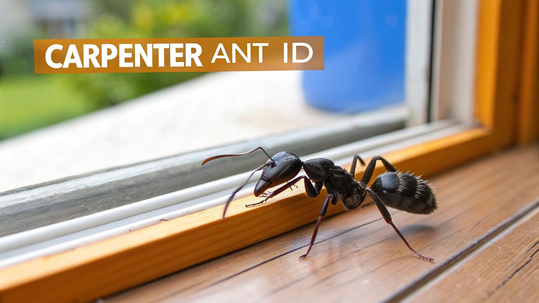 A large black carpenter ant is shown in a close-up on a wooden windowsill next to a window.
