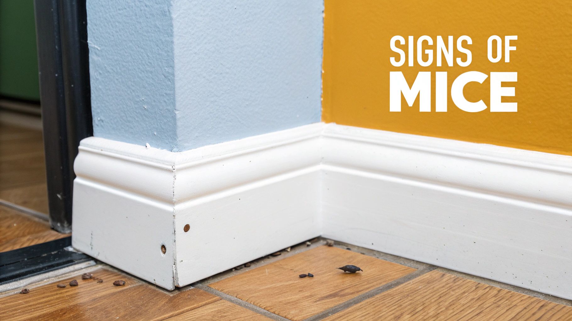 Mouse droppings and other debris on a tiled floor next to blue and yellow walls, indicating signs of mice.