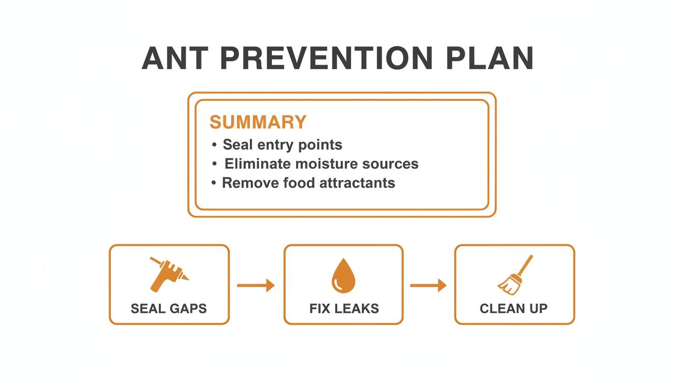 Infographic showing an ant prevention plan, including sealing gaps, fixing leaks, and cleaning up.