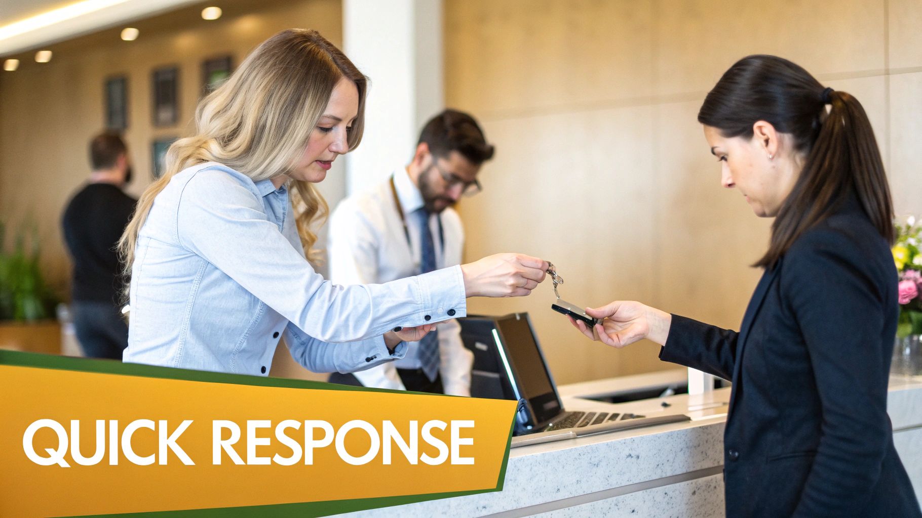 A hotel guest receives a room key from the receptionist at the front desk.