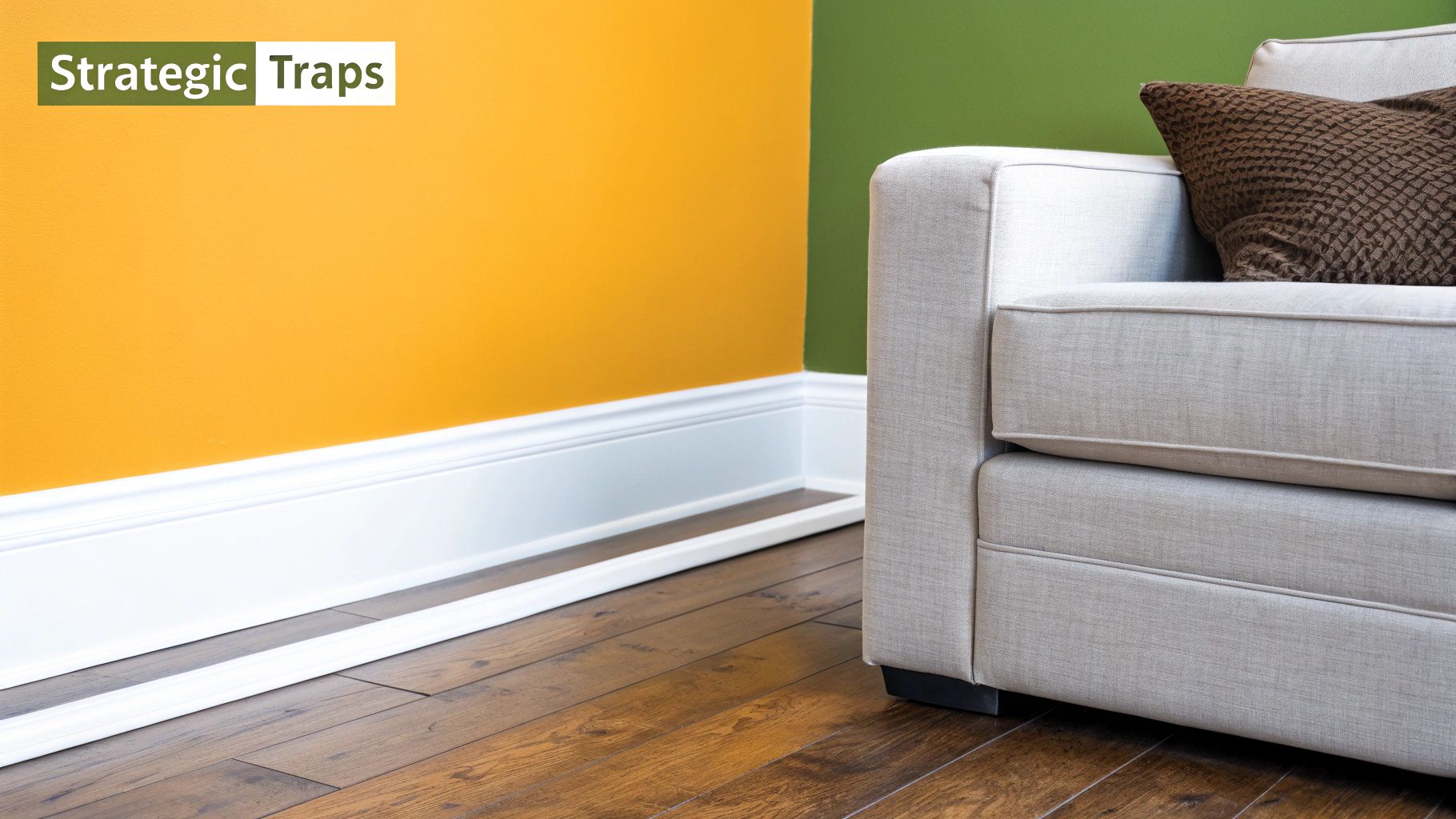 Interior room with orange and green walls, hardwood floor, white baseboards, and a partial view of a sofa.
