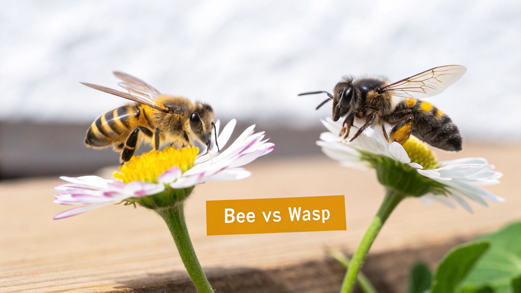 Two different types of fuzzy bees on white daisy flowers, with a 'Bee vs Wasp' text overlay.