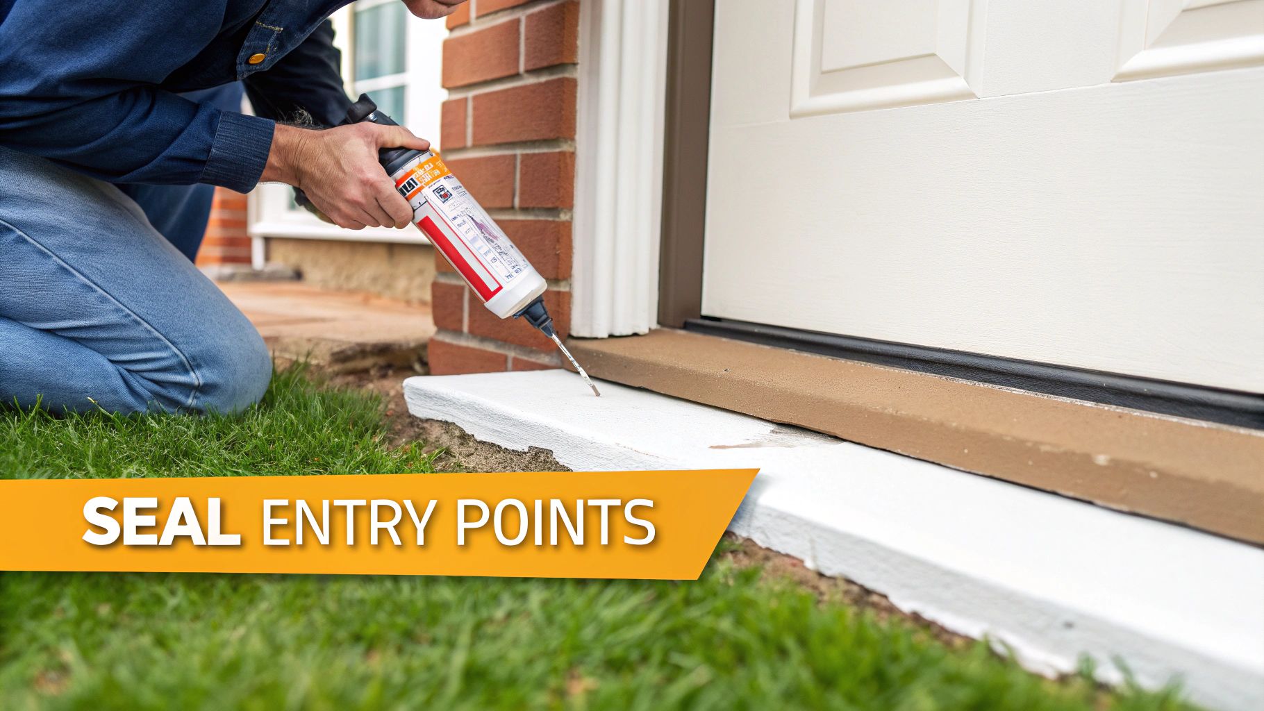 A person applies sealant with a caulking gun around the base of an exterior door to seal entry points.