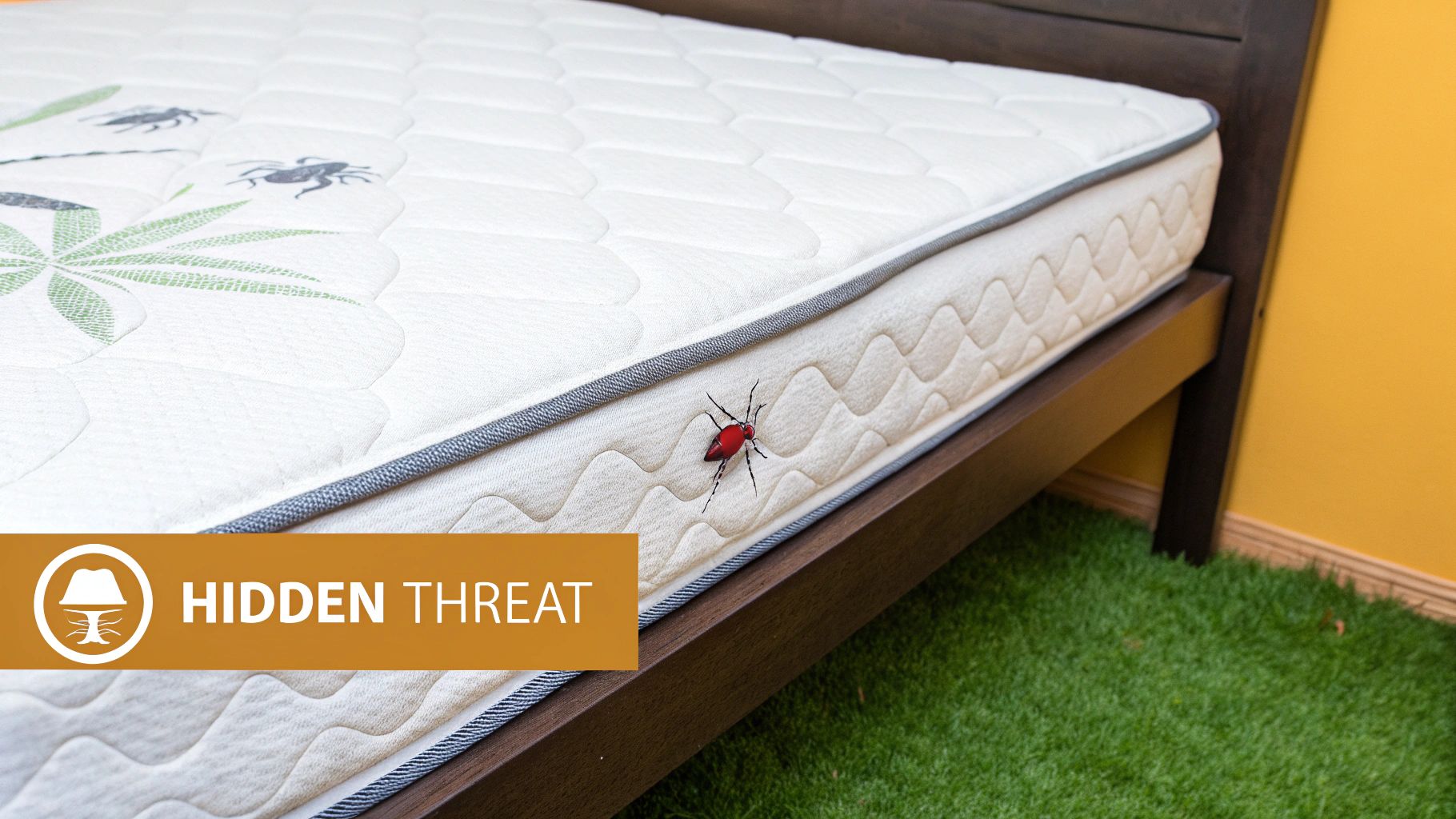 Close-up of a white mattress on a wooden bed frame with a red bed bug on its side, labeled 'HIDDEN THREAT'.