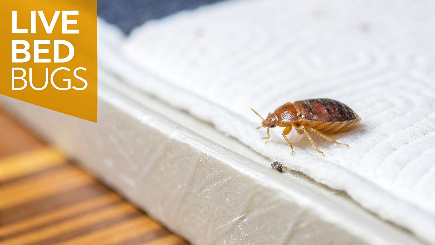 A close-up of a live, reddish-brown bed bug crawling on a white textured surface, possibly a mattress.