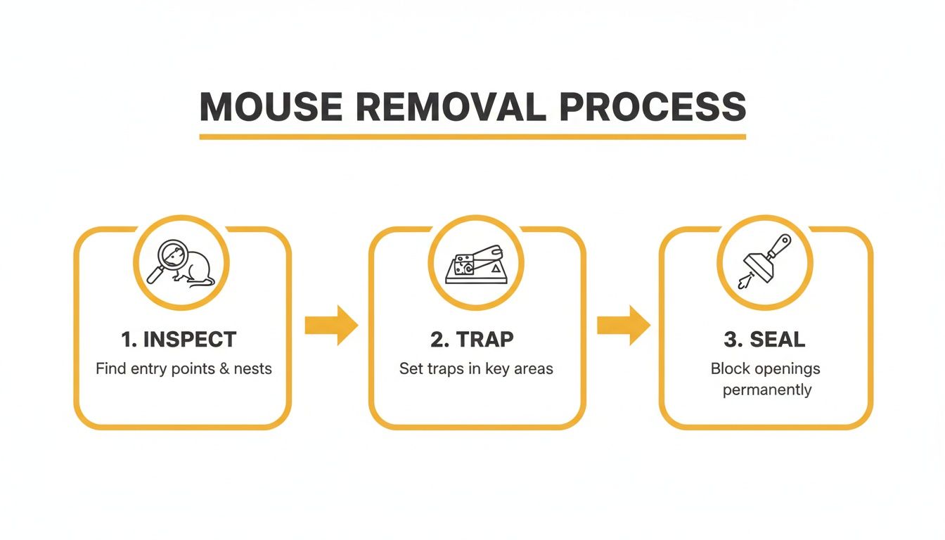 Infographic showing a 3-step mouse removal process: inspect, trap, and seal.