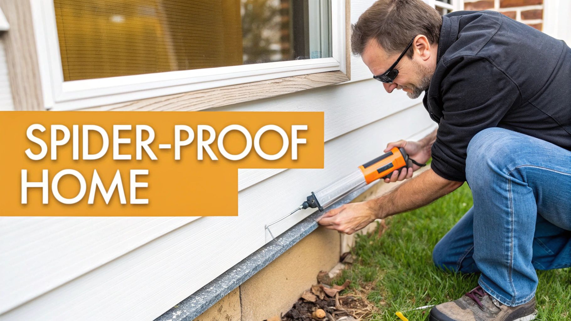 Man applying caulk to house siding to spider-proof his home