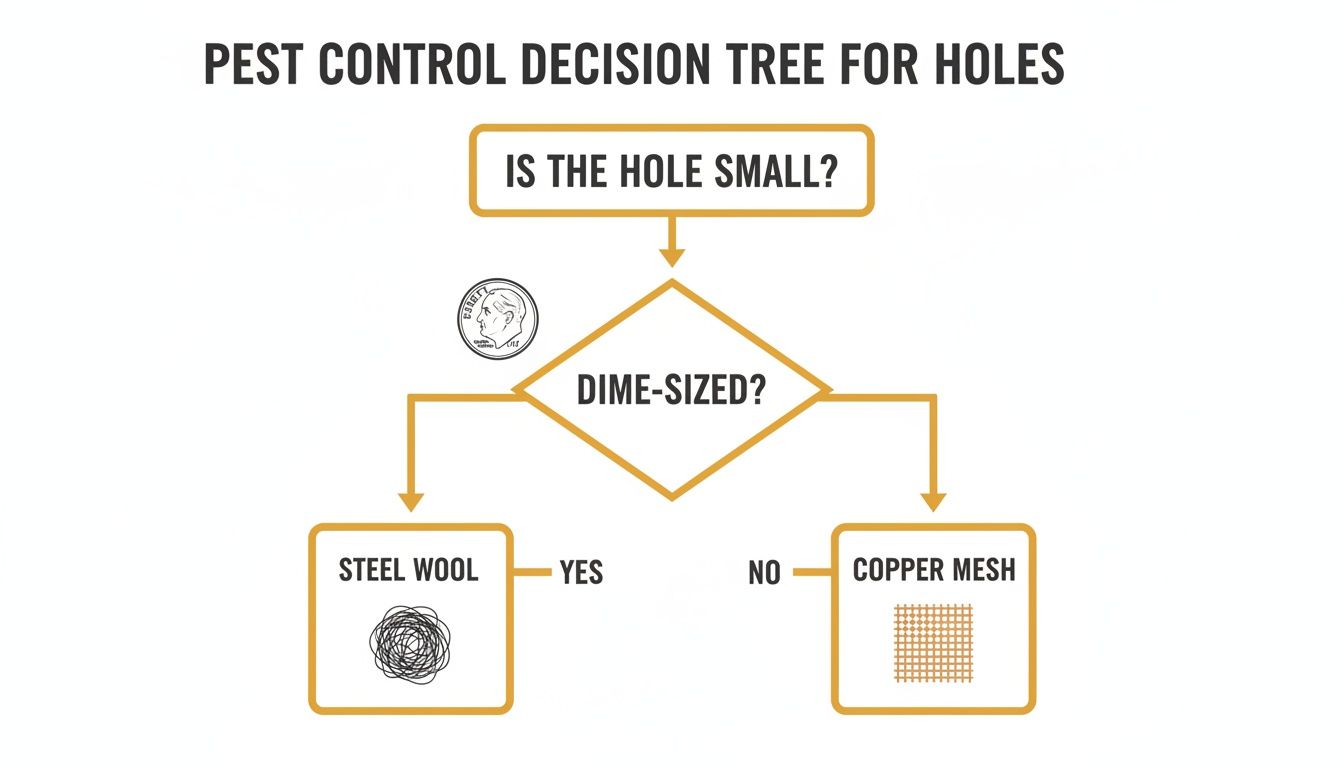 A pest control decision tree for holes, recommending steel wool for dime-sized holes and copper mesh for other small holes.