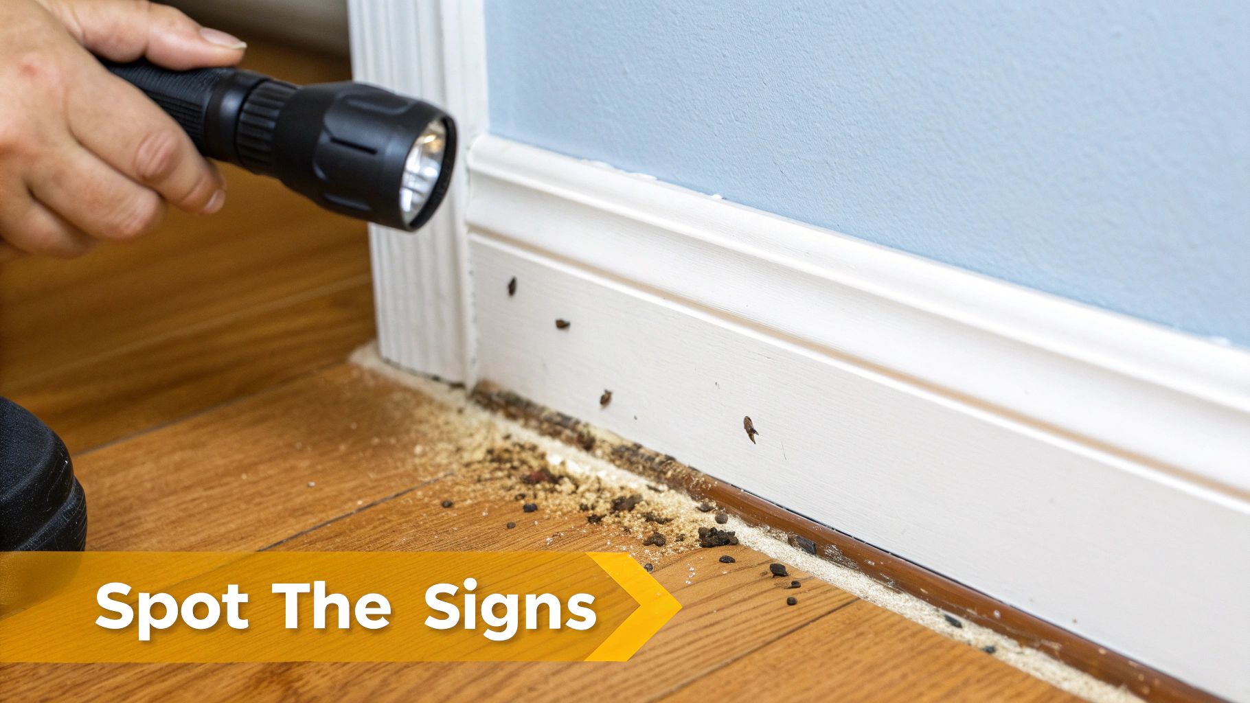 Flashlight illuminating mouse droppings and debris along a white baseboard and wooden floor.