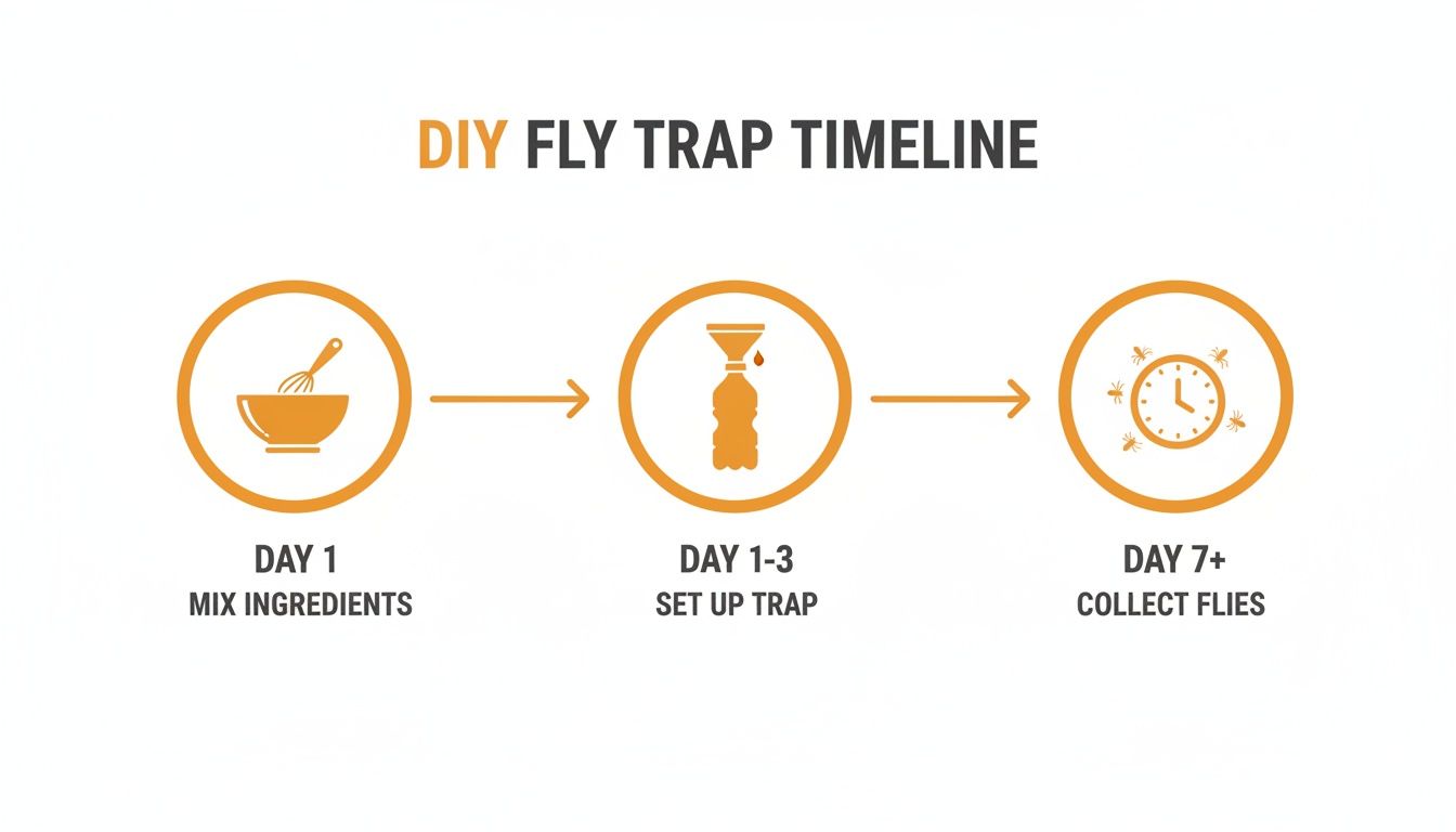 A DIY fly trap timeline with three steps: mix ingredients, set up trap, and collect flies.