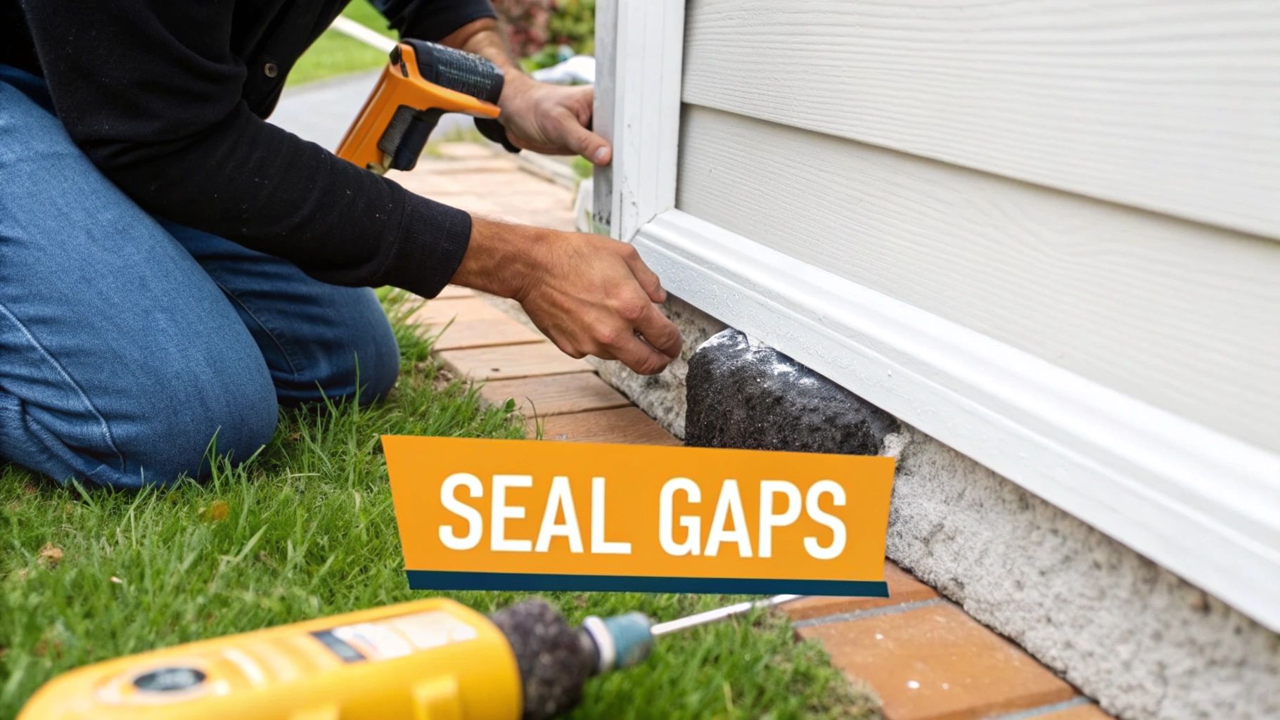 A person seals gaps in the house foundation with a caulking gun, preventing pest entry.