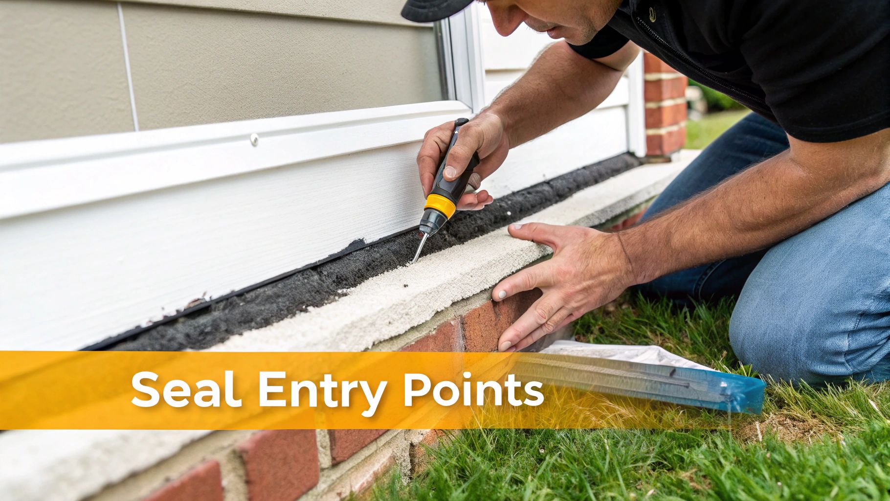 A person seals a gap at the base of a house foundation, applying sealant to prevent entry.