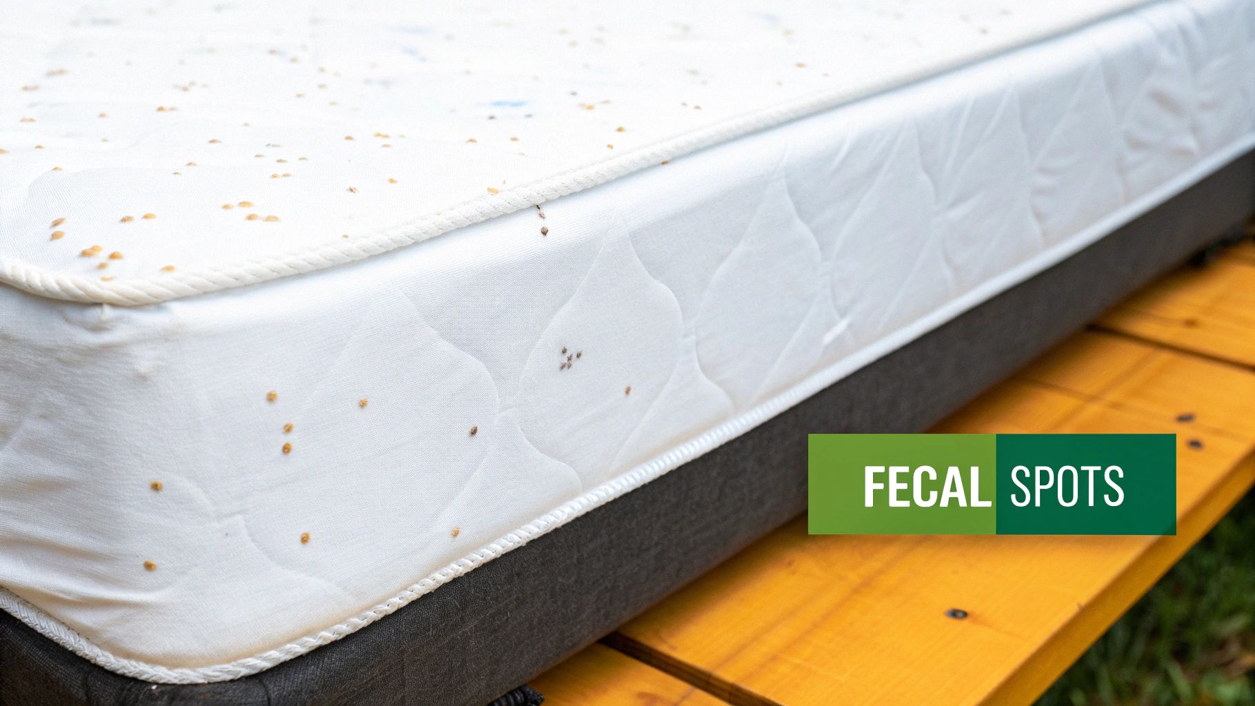 White mattress covered in numerous small brown spots, identified as bed bug fecal spots.