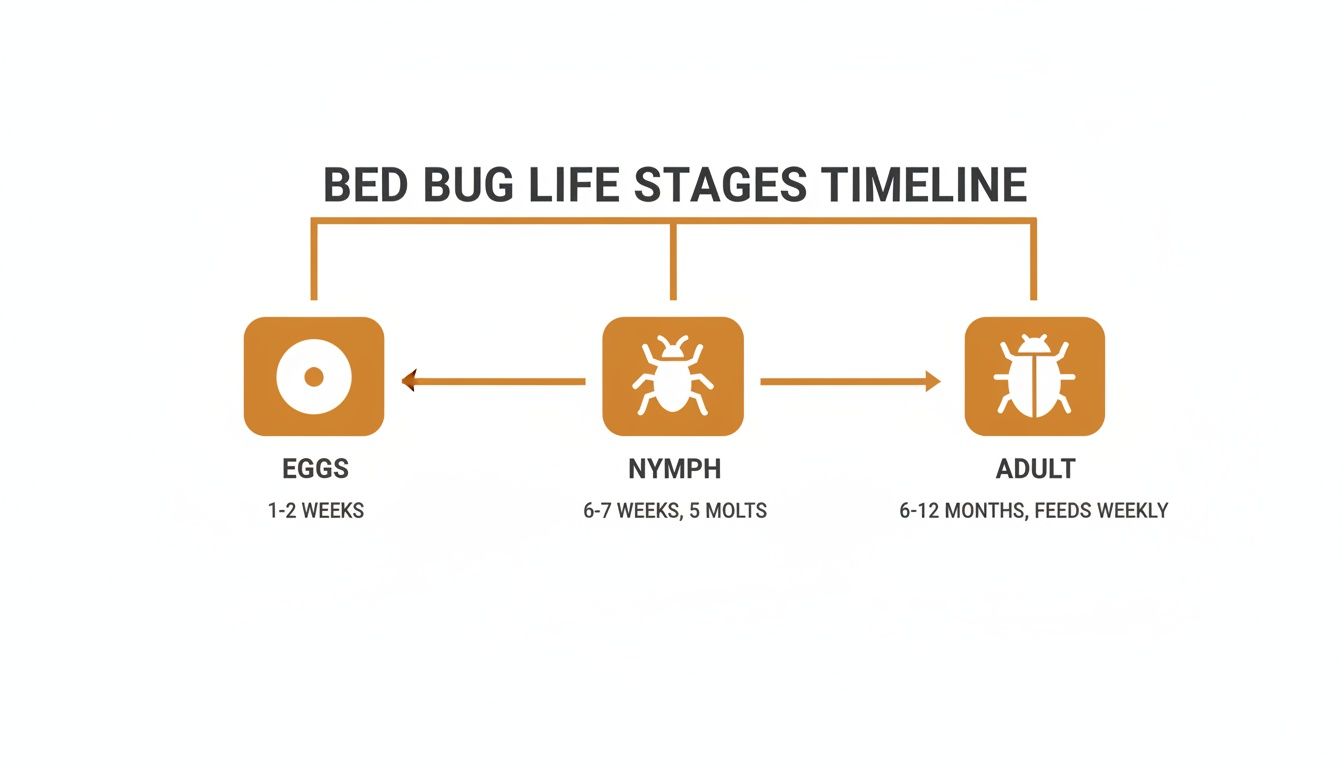 A timeline diagram illustrating the bed bug life stages: eggs (1-2 weeks), nymph (6-7 weeks, 5 molts), and adult (6-12 months, feeds weekly).