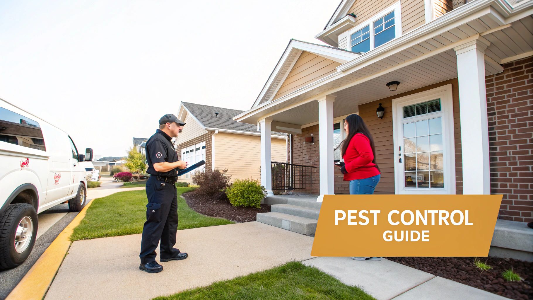 A pest control technician in uniform talks to a female homeowner on her porch. A white service van is parked on the street.