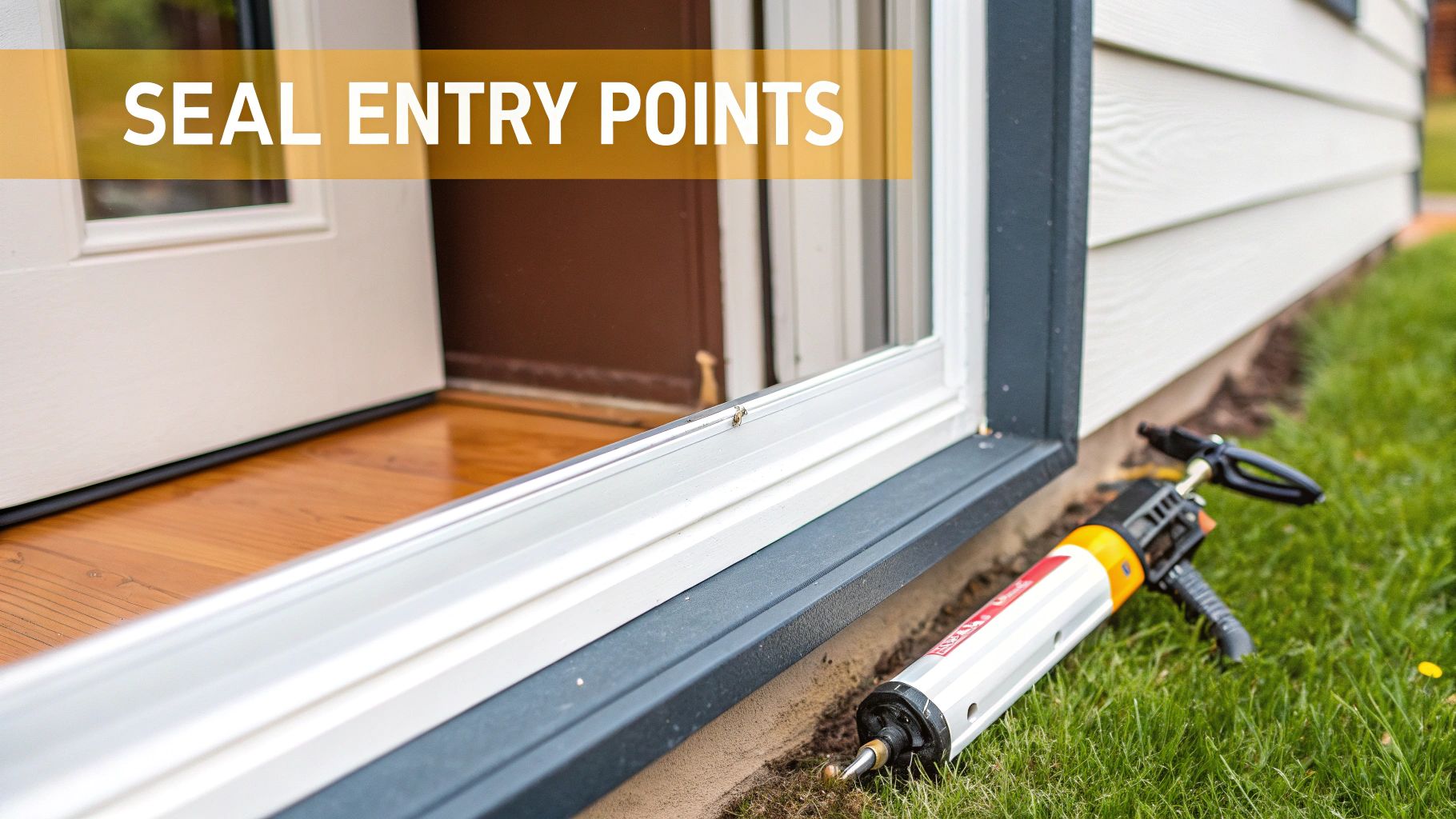 A caulking gun on green grass next to a house's exterior door frame, emphasizing sealing entry points.